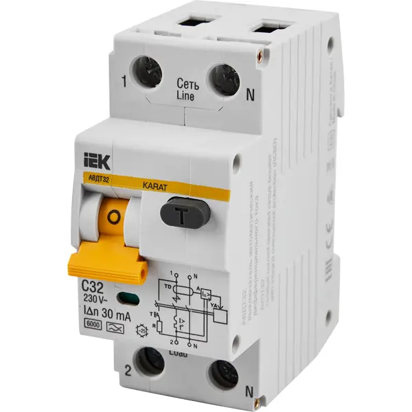 Дифференциальный автомат IEK АВДТ 32 2P C32 А 30 мА 6 кА AC MAD22-5-032-C-30