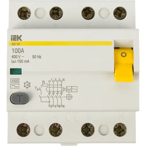 УЗО IEK ВД1-63 3P N 100 A 100 мА 4.5 кА AC MDV10-4-100-100