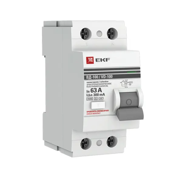 УЗО EKF PROxima ВД-100 2P 63 A 300 мА 4.5 кА AC elcb-2-63-300-em-pro
