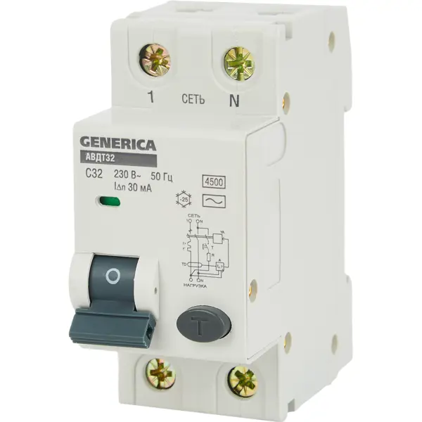 Дифференциальный автомат Generica АВДТ-32 1P C32 A 30 мА 4.5 кА AC