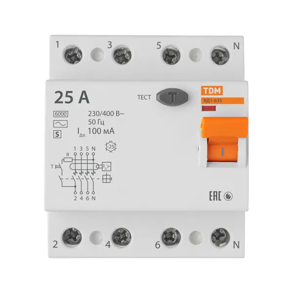 УЗО TDM Electric ВД1-63S 4Р 25 А 100 мА 6 кА AC
