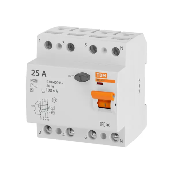 УЗО TDM Electric ВД1-63S 4Р 25 А 100 мА 6 кА AC