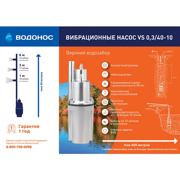 Насос садовый вибрационный "Водонос" 0.3/40-10 верхний забор воды, высота подъема 40 м, 1080 л/час