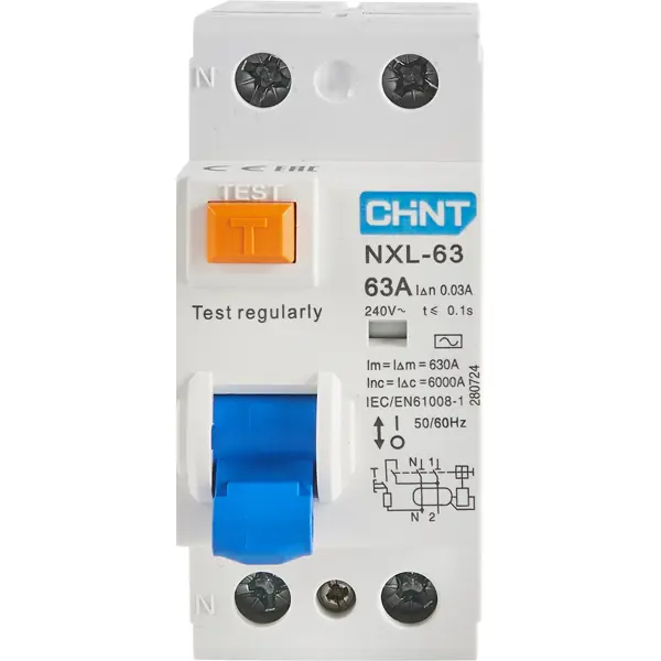 УЗО CHINT NXB-63S 2P 63 A 30 мА 6 кА AC