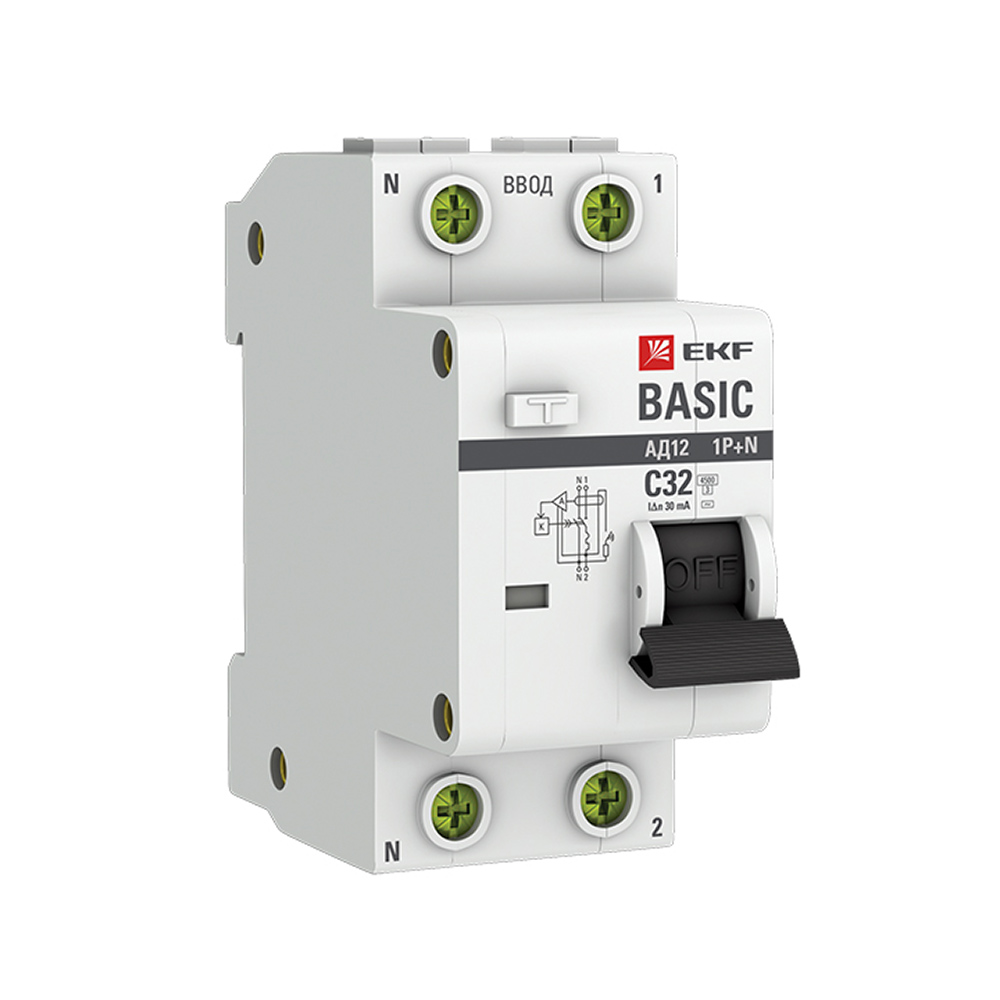 EKF Basic residual current circuit breaker, AD-12 32A 1P+N, Type A, 30 mA, 4.5 kA (DA12-32-30-bas)