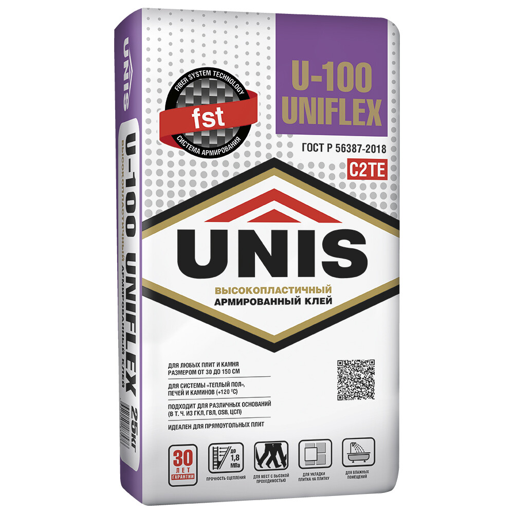 Tile/porcelain stoneware/stone adhesive Unis Uniflex U-100 grey class C2 TE 25 kg