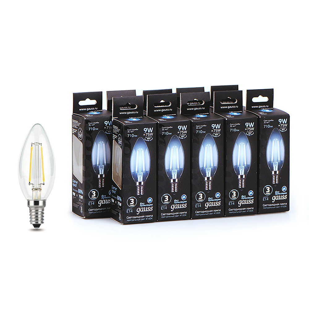 Gauss filament LED lamp E14, 4100K, 9 W, 150-265 V, clear candle (10 pcs.)