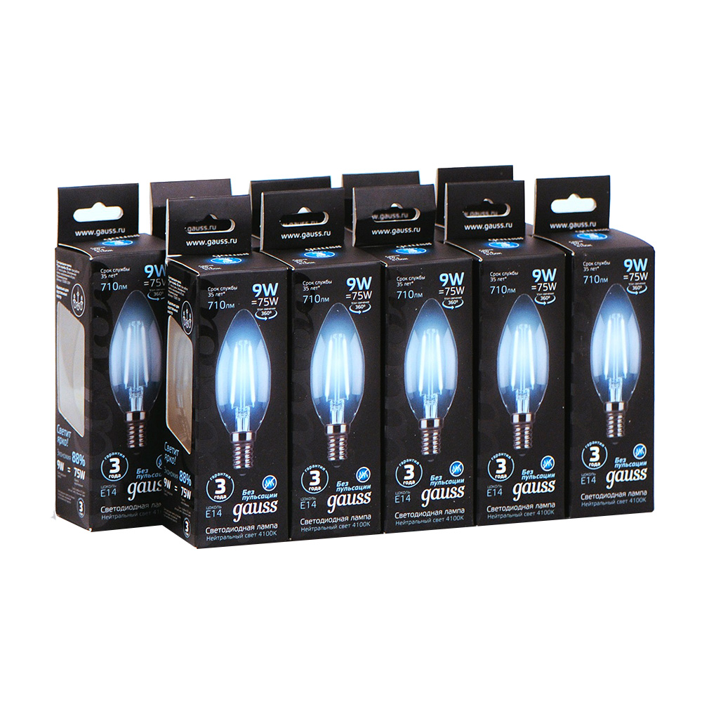 Gauss filament LED lamp E14, 4100K, 9 W, 150-265 V, clear candle (10 pcs.)