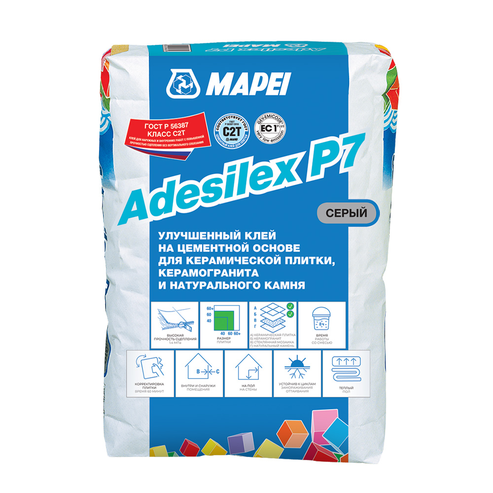 Mapei Adesilex P7 high-strength tile/porcelain stoneware/stone adhesive grey class C2 T 25 kg