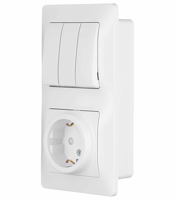 Блок выключатель и розетка Systeme Electric Glossa трехклавишный встраиваемый белый со шторками (GSL000178)