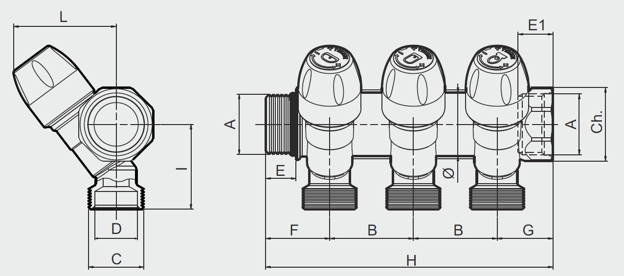 Коллектор Tiemme 1 ВР(г) х 4 выхода 3/4 НР(ш) ЕК х 1 НР(ш) регулируемый (1860019/1877K50060504)