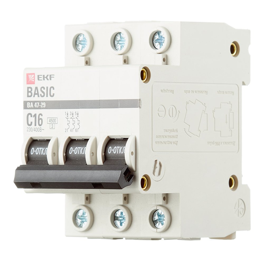 Автоматический выключатель модульный EKF Basic ВА 47-29 3P 16А тип C 4,5 кА 400 В (mcb4729-3-16C)