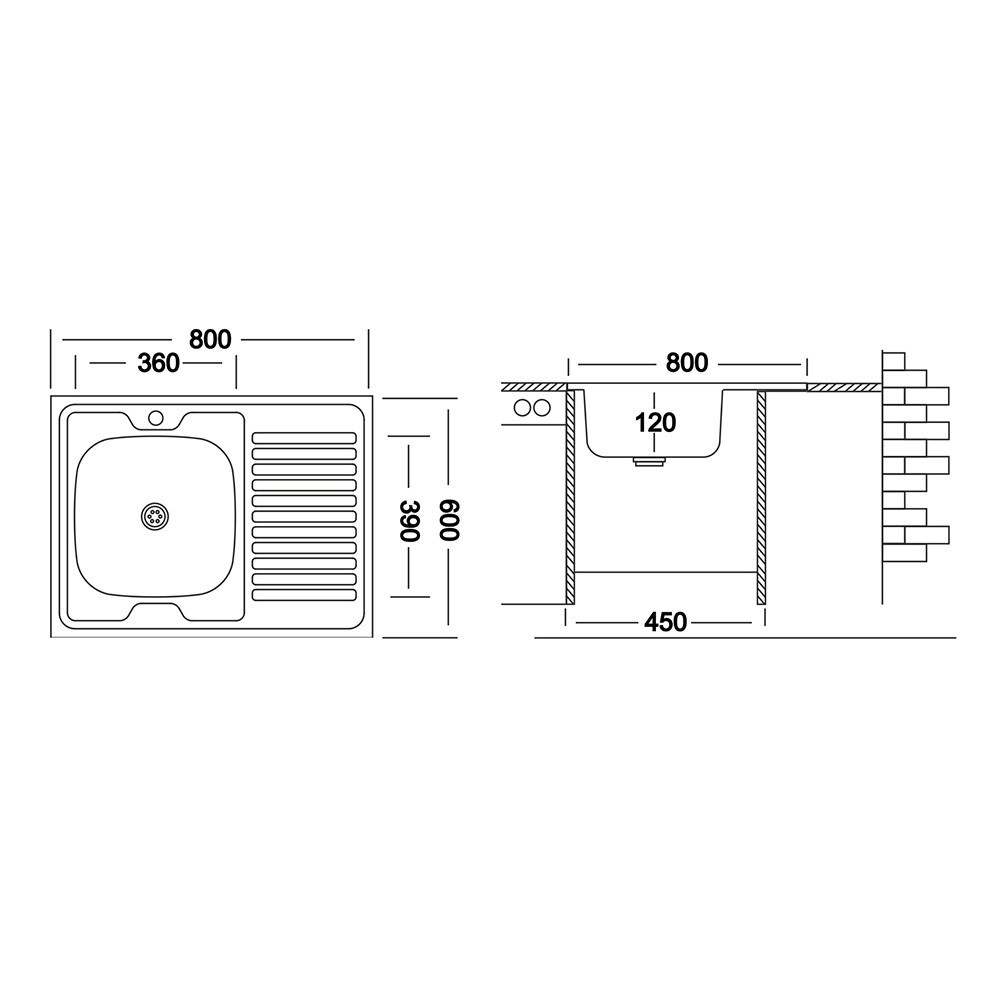 Мойка для кухни Ukinox Nord 80х60х13 см накладная с крылом сталь (Nr 800х600 0,4 R)