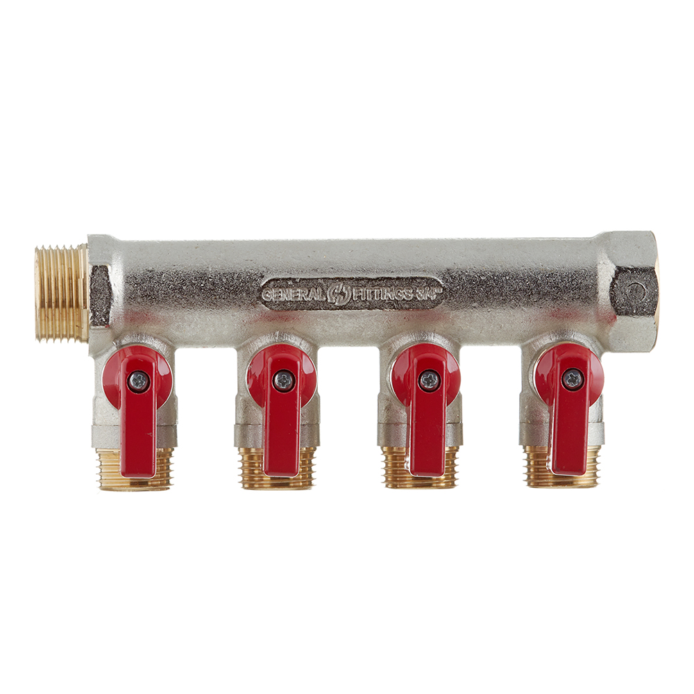 Коллектор Stout 3/4 ВР(г) х 4 выхода 1/2 НР(ш) х 3/4 НР(ш) с шаровыми кранами (SMB 6210 341204)