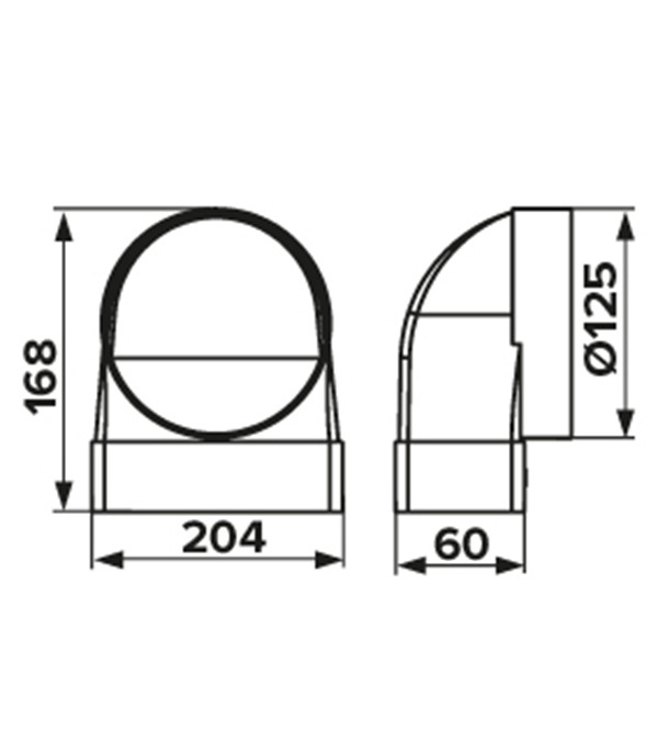 Соединитель угловой пластиковый для плоских воздуховодов 60х204 мм 90° с круглыми d125 мм фланцевое соединение