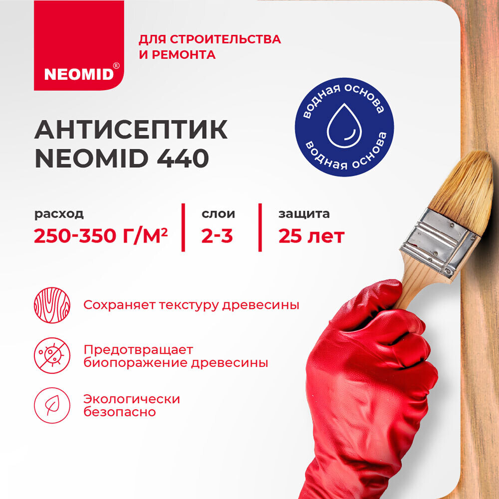 Антисептик Neomid 440 Еco для наружных работ для дерева биозащитный концентрат 1:9 5 л бесцветный