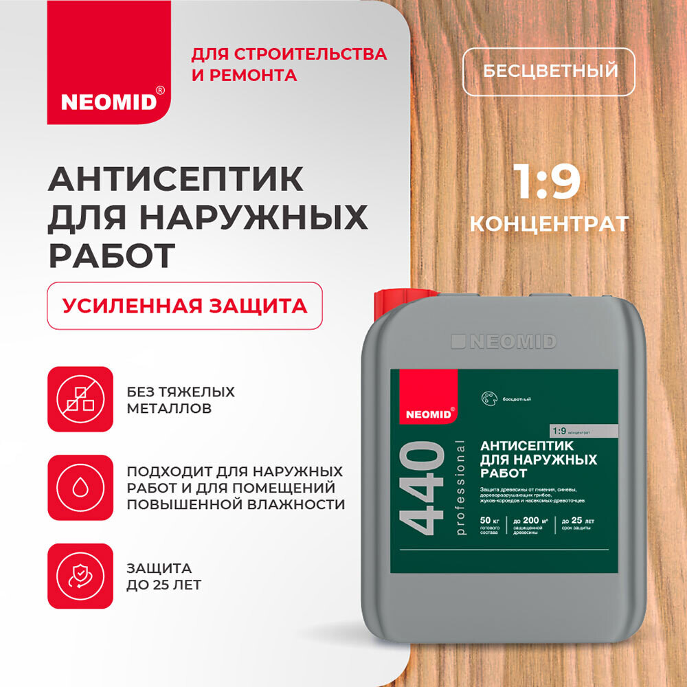 Антисептик Neomid 440 Еco для наружных работ для дерева биозащитный концентрат 1:9 5 л бесцветный