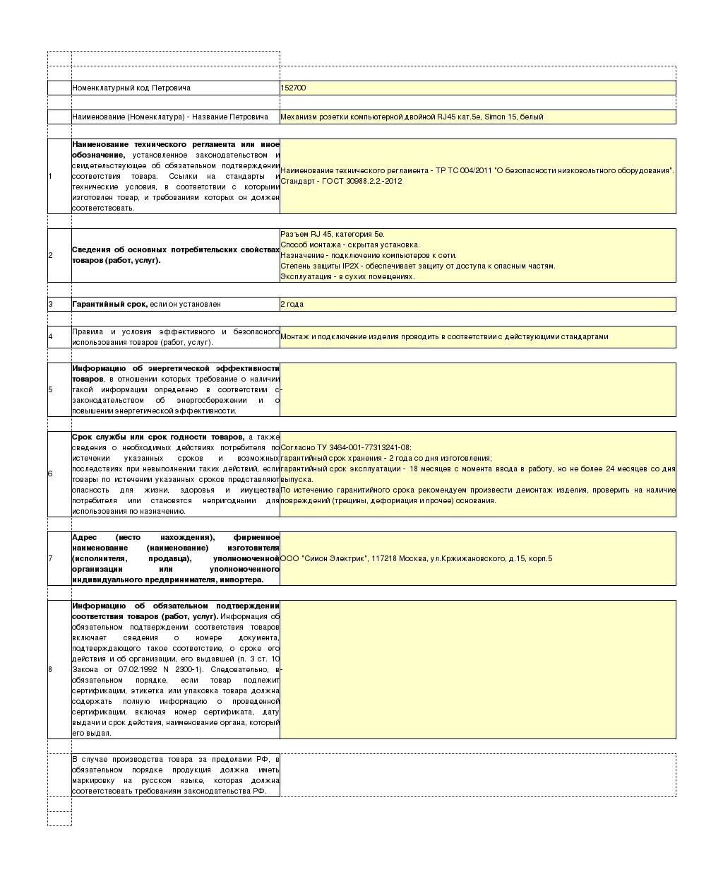 Розетка компьютерная Simon 15 встраиваемая белая 2хRJ45 (1591593-030)
