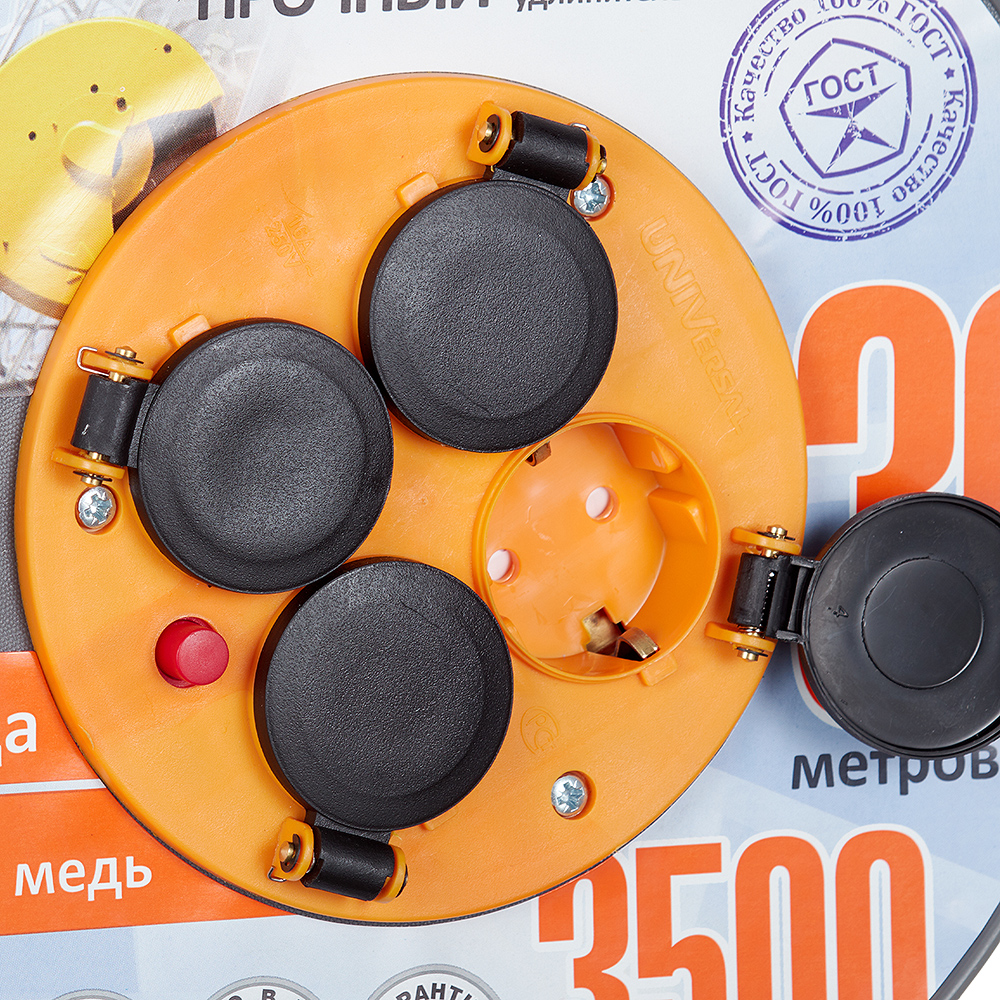 Удлинитель UNIVersal с заземлением 30 м на катушке 3,5 кВт 4 розетки ПВС 3х2,5 кв.мм IP44