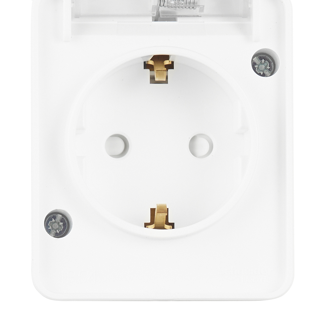 Розетка Systeme Electric AtlasDesign Profi54 накладная белая со шторками с крышкой (ATN540145)