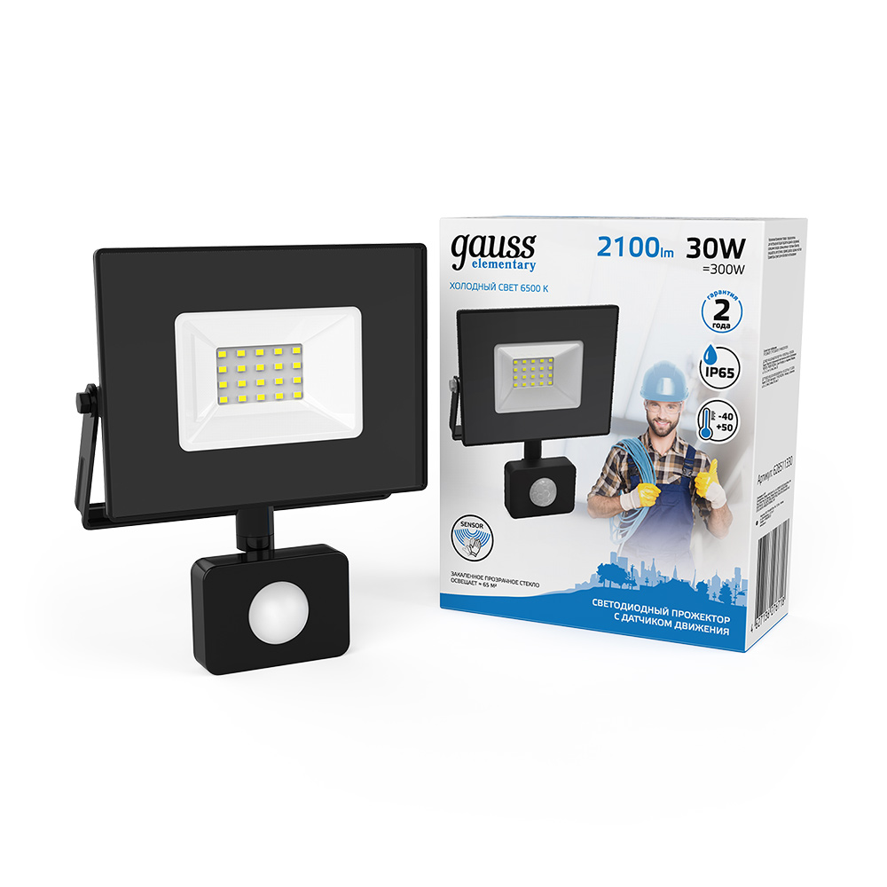 Прожектор светодиодный Gauss Elementary-S ДО-30 6500К 30 Вт IP65 с датчиком движения черный