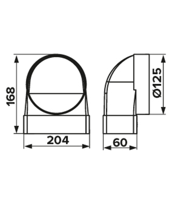 Соединитель угловой пластиковый для плоских воздуховодов 60х204 мм 90° с круглыми d125 мм прямое соединение