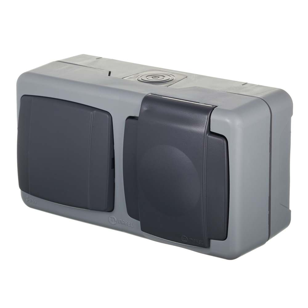 Блок выключатель и розетка Makel Mimoza одноклавишный накладной серый (36064202)