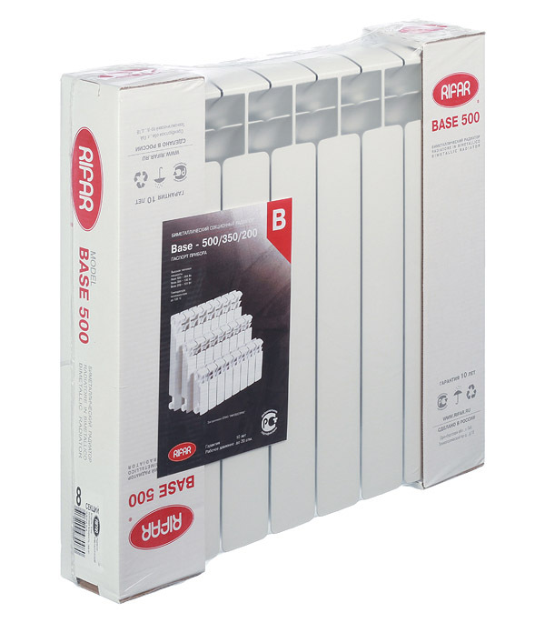 Радиатор биметаллический Rifar Base 500 мм 8 секций 1" боковое подключение белый