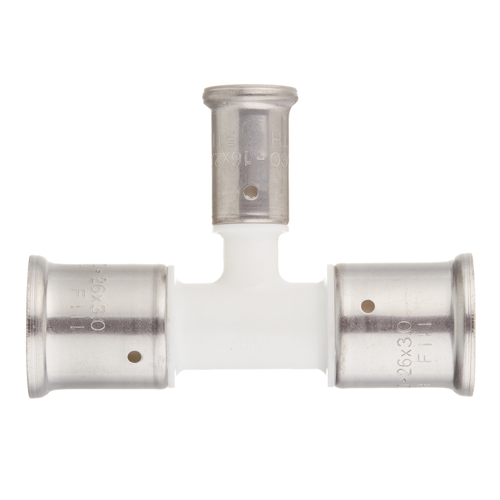 Тройник Henco (10PKW-261626) 26(пресс) х 16(пресс) х 26(пресс) PVDF белый