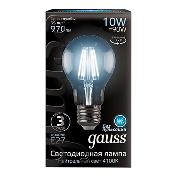 Лампа светодиодная филаментная Gauss E27 4100К 10 Вт 970 Лм 185-265 В груша А60 прозрачная (10 шт.)