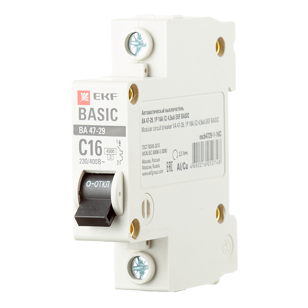 Автоматический выключатель модульный EKF Basic ВА 47-29 1P 16А тип C 4,5 кА 230 В (mcb4729-1-16C)