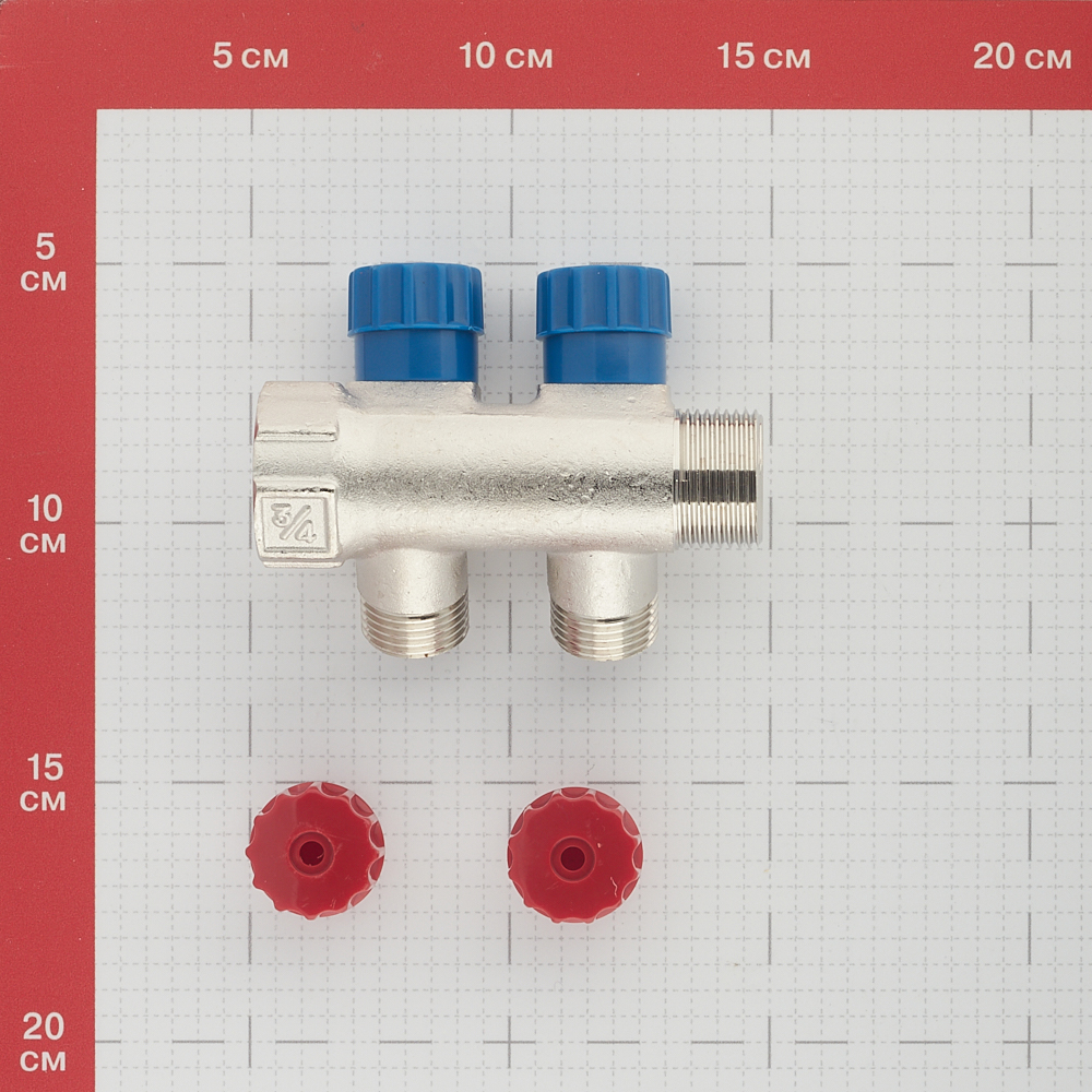 Коллектор Valtec 3/4 ВР(г) х 2 выхода 1/2 НР(ш) х 3/4 НР(ш) регулируемый (VTc.560.N.0502)