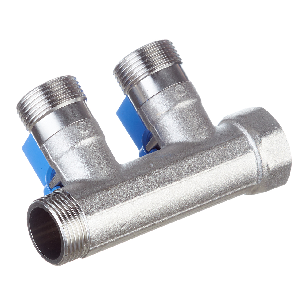 Коллектор Henco 3/4 ВР(г) х 2 выхода 3/4 НР(ш) ЕК х 3/4 НР(ш) с шаровыми кранами (VB050502-BLAUW)