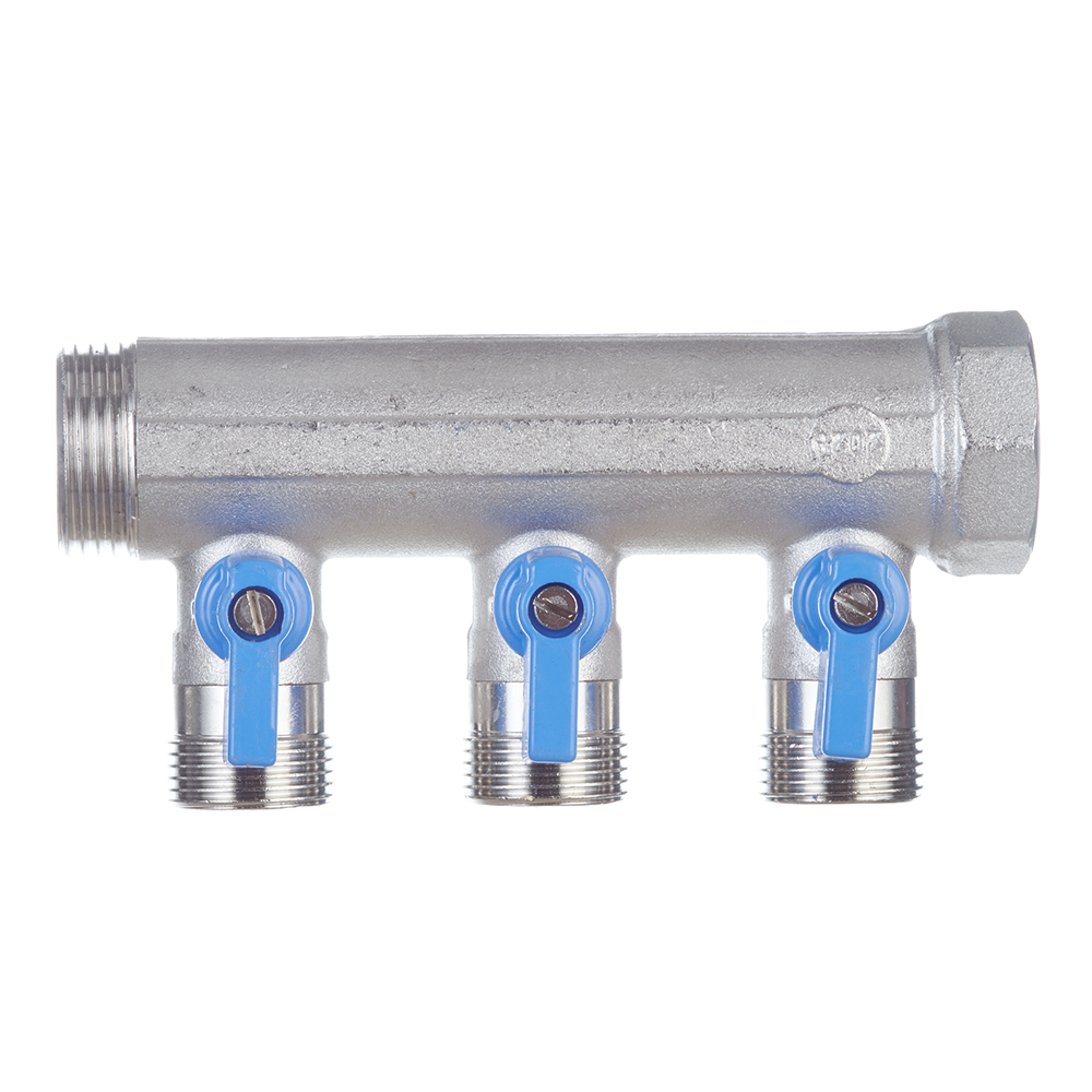 Коллектор Henco 1 ВР(г) х 3 выхода 3/4 НР(ш) ЕК х 1 НР(ш) с шаровыми кранами (VB060503-BLAUW)