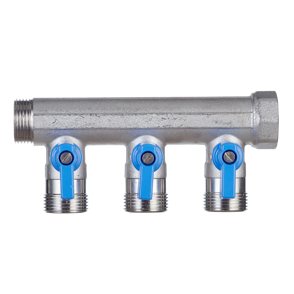 Коллектор Henco 3/4 ВР(г) х 3 выхода 3/4 НР(ш) ЕК х 3/4 НР(ш) с шаровыми кранами (VB050503-BLAUW)