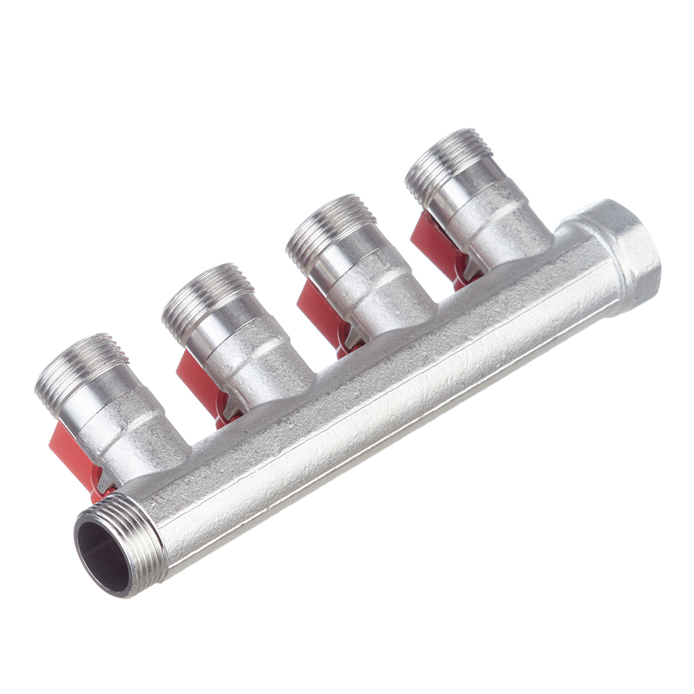 Коллектор Henco 3/4 ВР(г) х 4 выхода 3/4 НР(ш) ЕК х 3/4 НР(ш) с шаровыми кранами (VB050504-ROOD)