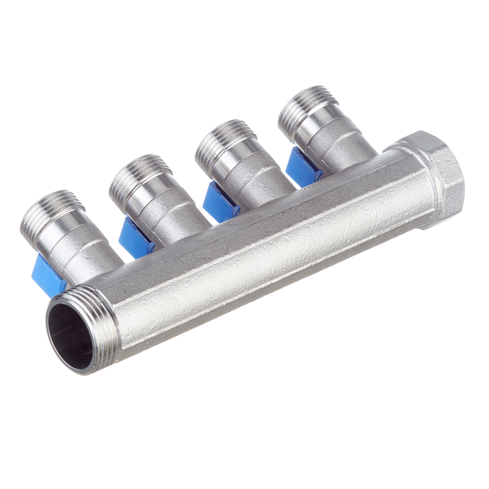 Коллектор Henco 1 ВР(г) х 4 выхода 3/4 НР(ш) ЕК х 1 НР(ш) с шаровыми кранами (VB060504-BLAUW)