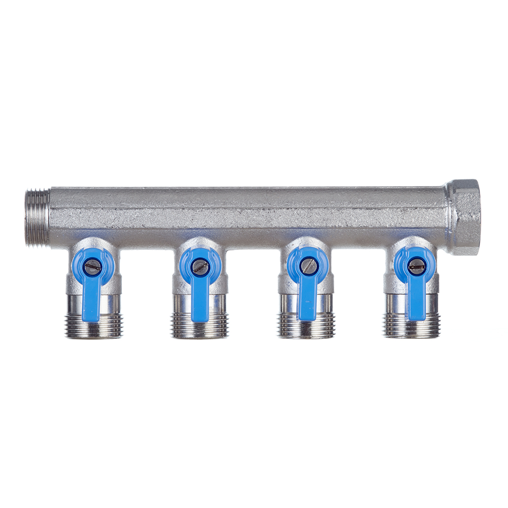 Коллектор Henco 3/4 ВР(г) х 4 выхода 3/4 НР(ш) ЕК х 3/4 НР(ш) с шаровыми кранами (VB050504-BLAUW)