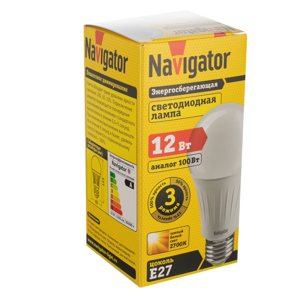 Лампа светодиодная Navigator E27 2700К 12 Вт 1150 Лм 176-264 В груша A60 матовая диммируемая