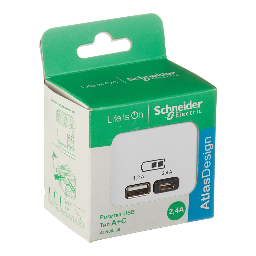 Розетка USB Systeme Electric AtlasDesign встраиваемая белая USB-A/ Type-C (ATN000139)
