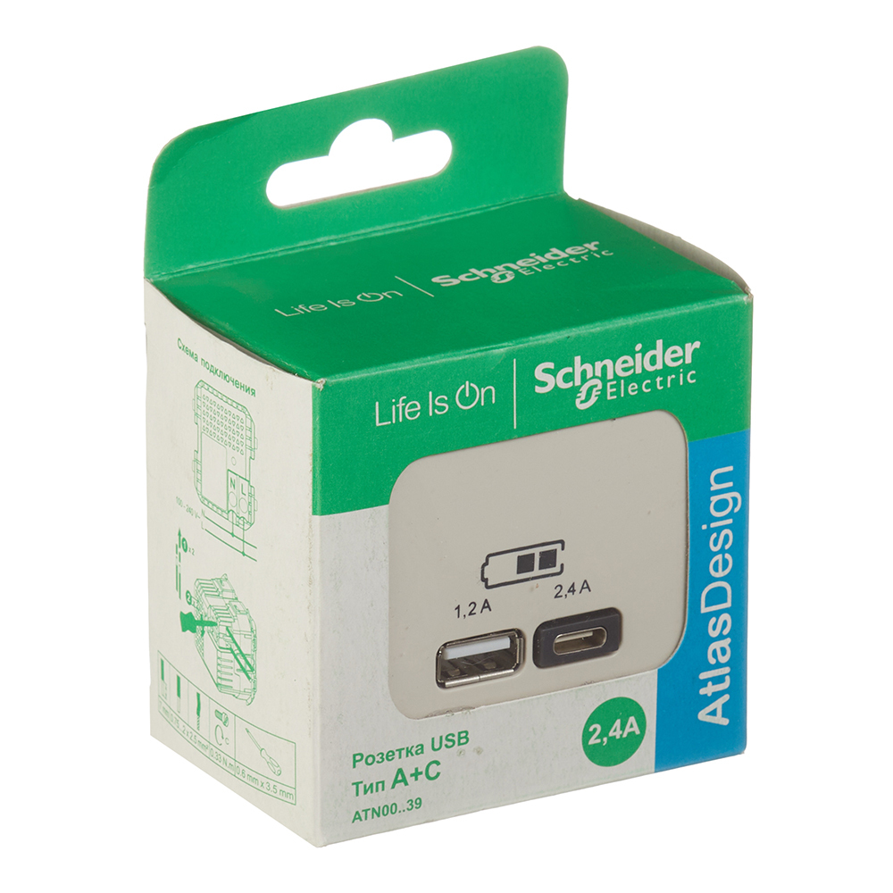 Розетка USB Systeme Electric AtlasDesign встраиваемая бежевая USB-A/ Type-C (ATN000239)