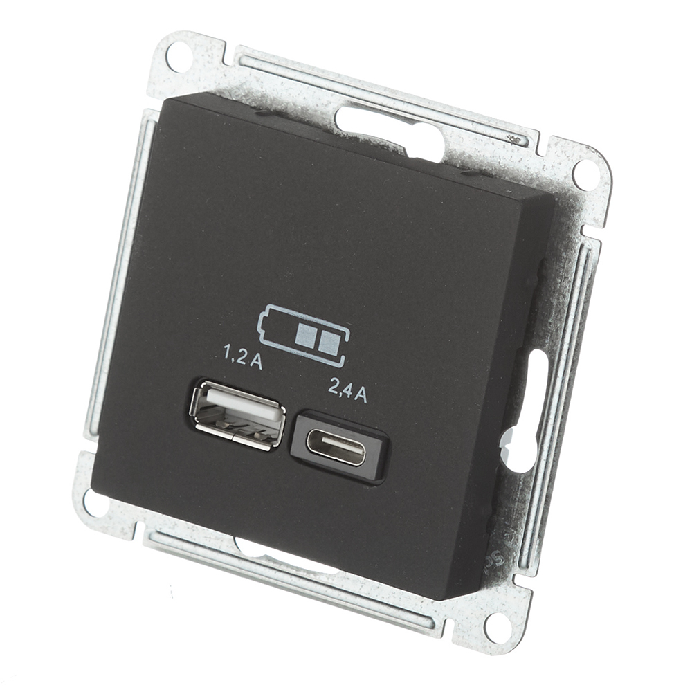 Розетка USB Systeme Electric AtlasDesign встраиваемая карбон USB-A/ Type-C (ATN001039)