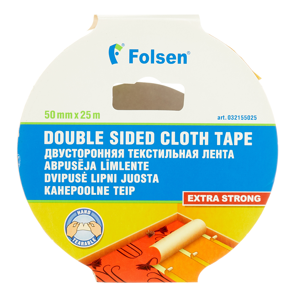 Лента клейкая монтажная Folsen двусторонняя тканевая 50 мм 25 м