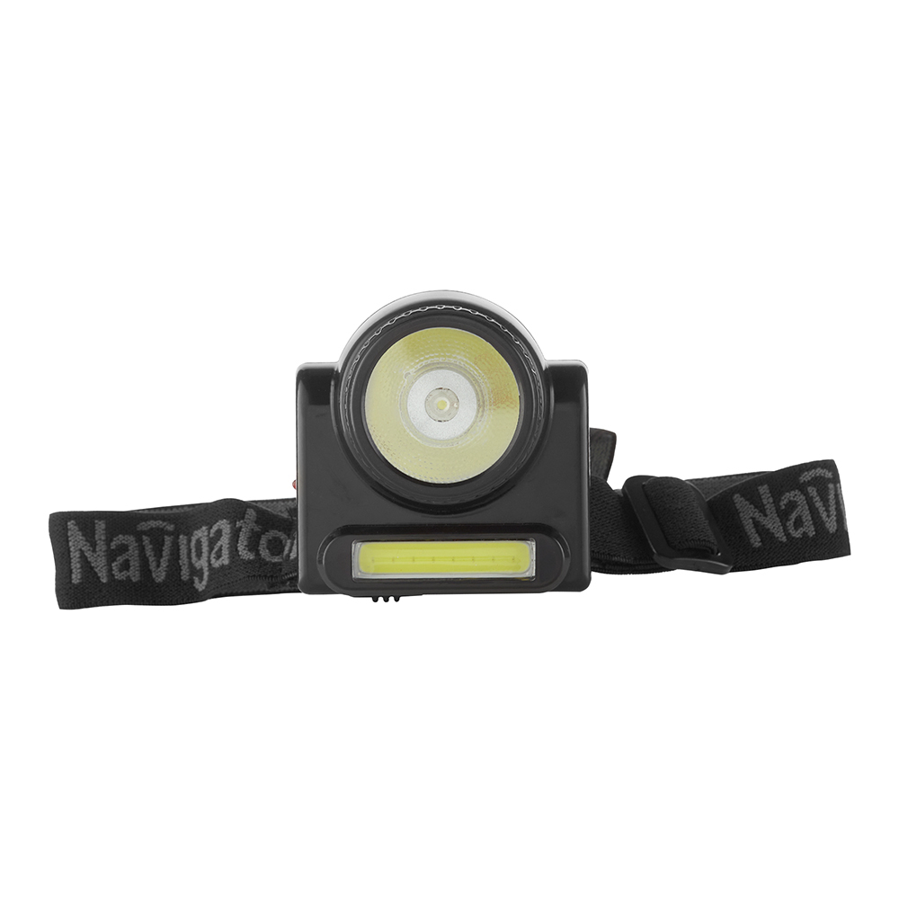 Фонарь налобный Navigator NPT светодиодный 2 LED 3/3 Вт аккумуляторный Lead-acid 500 мАч ударопрочный пластик 2 режима (14486)