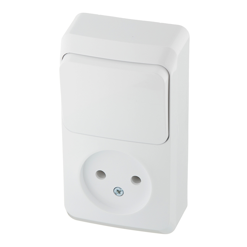 Блок выключатель и розетка Systeme Electric Этюд одноклавишный накладной белый (BPA16-204B)