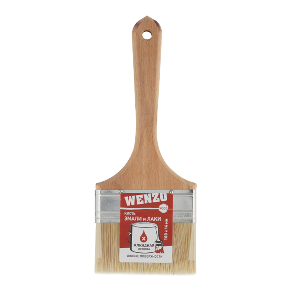 Кисть плоская натуральная щетина деревянная ручка Wenzo Wood 100х14 мм для эмалей и лаков на алкидной основе