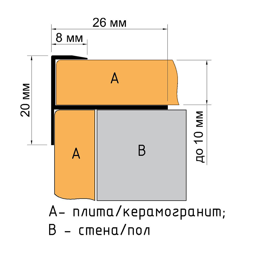 Профиль для плитки до 10 мм окантовочный Г-образный алюминиевый 2700х26х20 мм