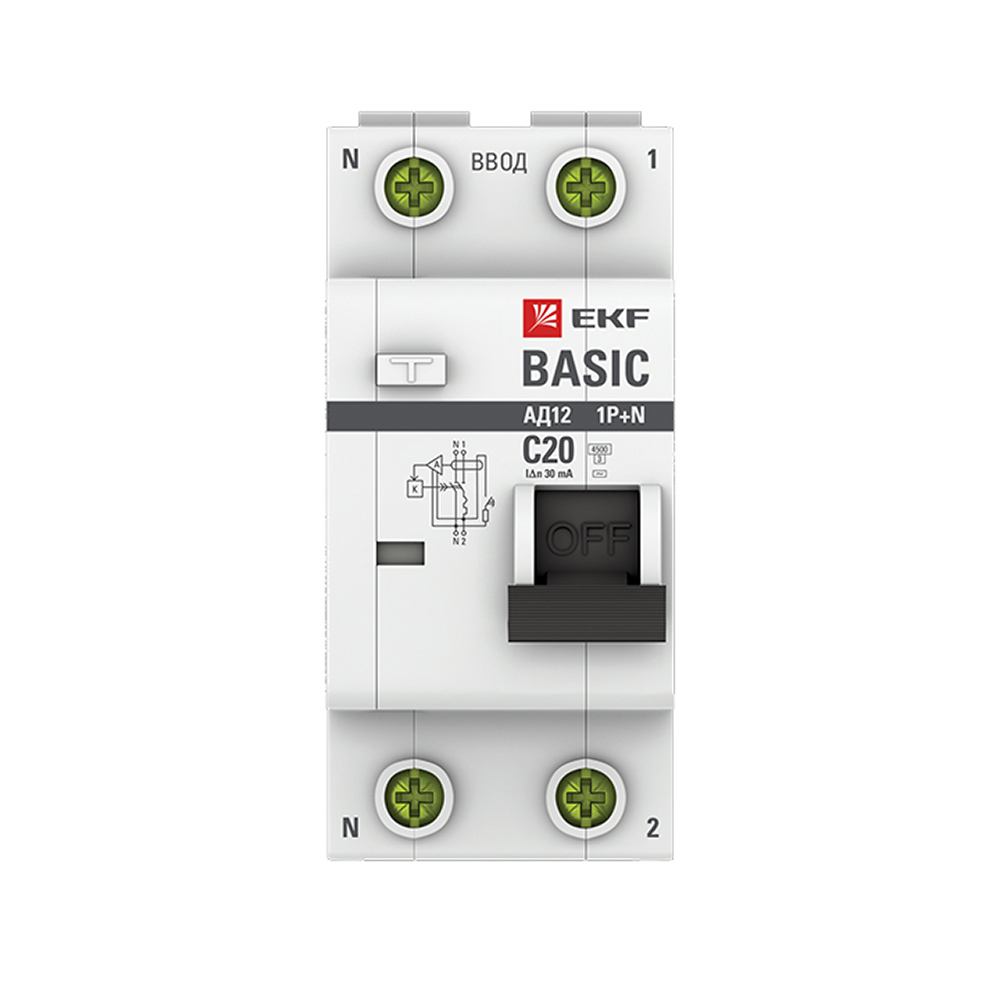 Автомат дифференциальный EKF Basic АД-12 20А 1P+N тип AC 30 мА 4,5 кА (DA12-20-30-bas)
