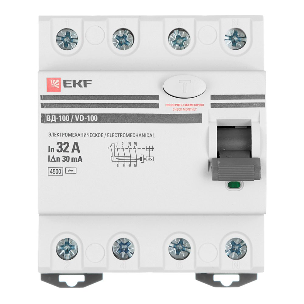 УЗО EKF PROxima ВД-100 32А 3P+N тип AC 30 мА 4,5 кА компактное (elcb-4-32-30-em-pro)