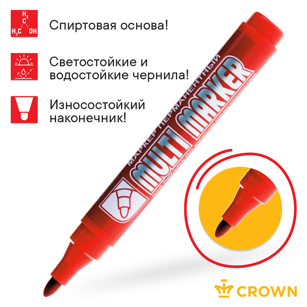 Маркер перманентный Crown Multi Marker красный грифель 3 мм